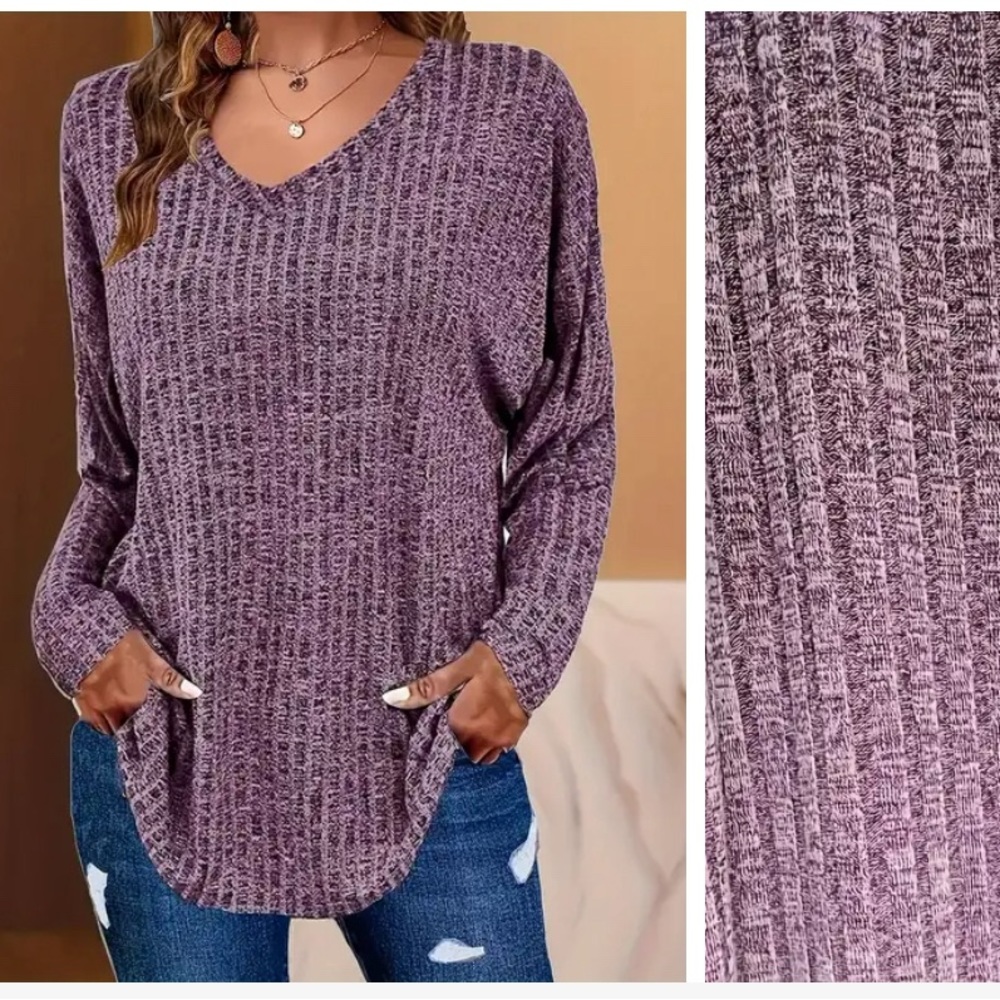 Purple (1XL) Knit Top, Women's Plus Solid Ribbed Long Sleeve Relaxed Fit